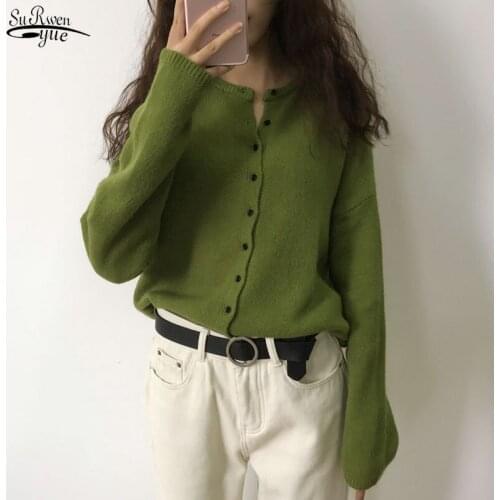 Autumn Solid Women Sweater Cotton Knit Cardigan Long Sleeve O-neck Sweaters Loose Chic 2020 Office Lady Clothes Pull Femme 10325