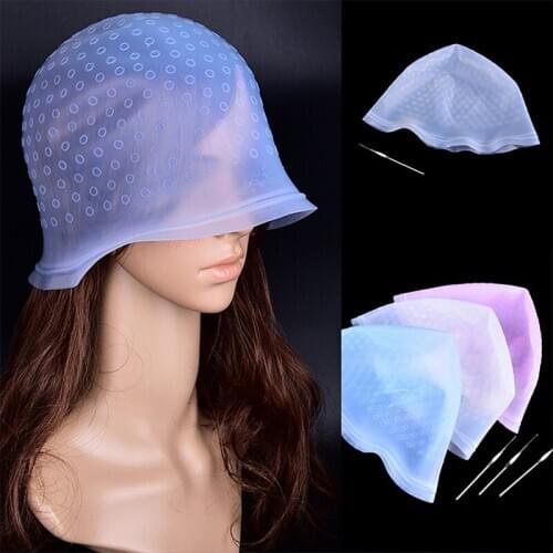 Professional Silicone Reusable Hair Colouring Highlighting Dye Cap Frosting Tipping with needle Transparent Hair Dyeing Cap Tool