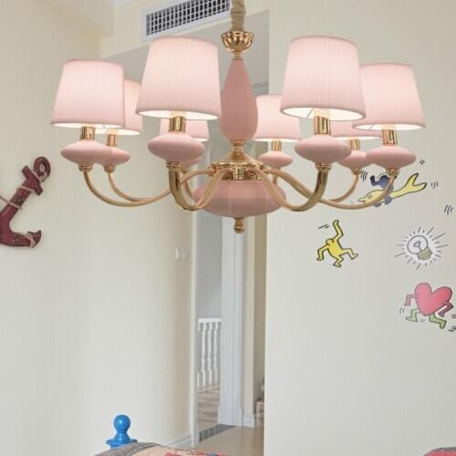 Amazing Princess pink chandelier kids lighting European hotel cloth cover led furniture Girl bedroom Ceramic Chandelier Lampara