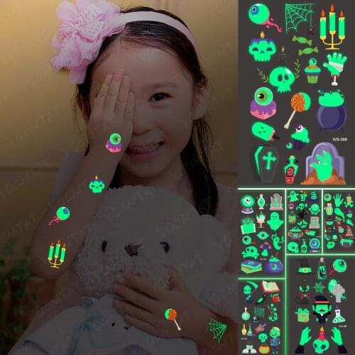Halloween Temporary Tattoo Sticker Waterproof Lollipop Tombstone Candy Skull Ghost Hand Luminous Leg Arm Glowing Children Flash