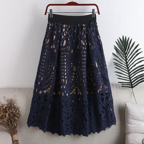 Autumn And Winter High waist was thin A-line lace crochet Print Skirt Elastic High Waist Zipper Skirts Elegant Female skirt