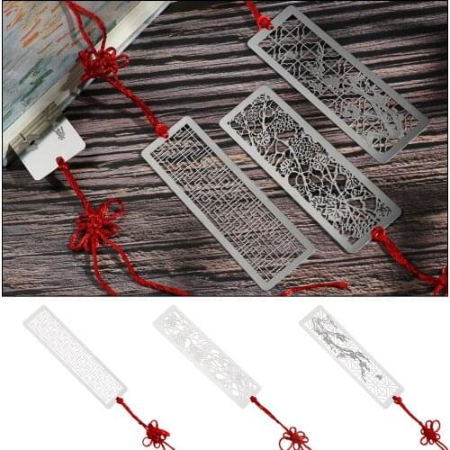 1PC Chinese Style Hollow Metal Bookmarks With Red Knot Tassel Stainless Steel Bookmarks for Kids Students Gift School Supplies