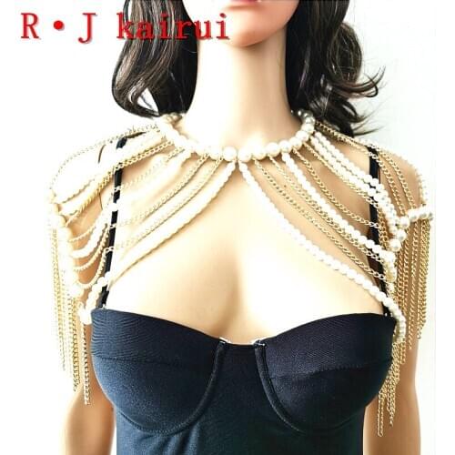 New RJPE10 Fashion Women Gold Chains Layers Imitation Pearls Top Shoulder Chains Body Costume Jewelry 2 Colors