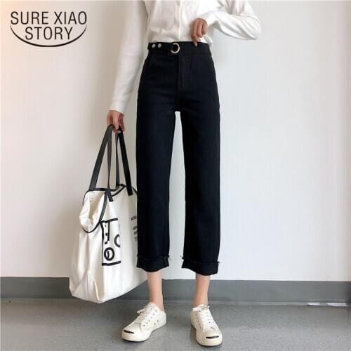 Women Jeans Pants Korean Style Loose High Waist Slim Vintage Solid Black White Straight Pants Ankle-length Jeans Pants 7284 50