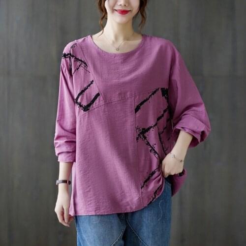 Women Cotton Casual T-shirts New 2021 Autumn Simple Style O-neck Print Loose Comfortable Female Long Sleeve Tops Tees B1101