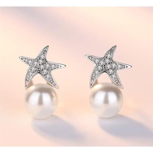 1 Pair Womens Cute Starfish Inlaid AAA Zircon Pearl Ear Stud Earrings Ladies Fashion Jewelry E0704