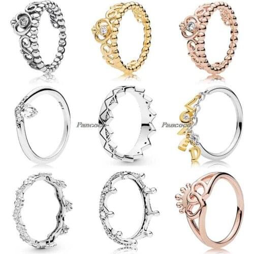925 Sterling Silver Ring Princess Tiara Royal Crown With Crystal Rings For Women Wedding Party Pandora Jewelry