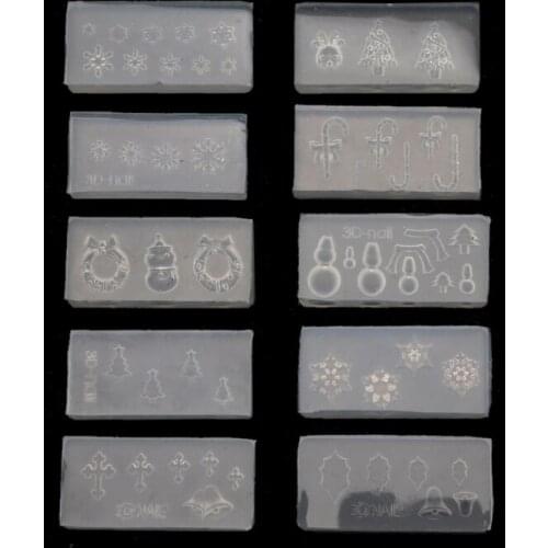 10Pcs Christmas Theme Snowflake Snowman Nail Art Silicone Mold Kit Christmas Tree Deer Carving Molds Kit Art Craft Tools