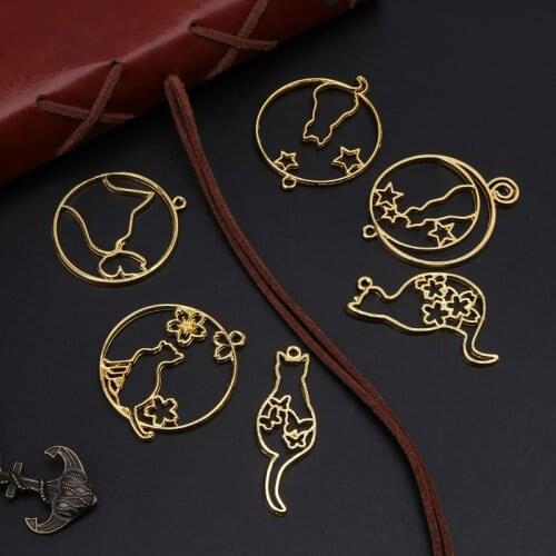 6 Pcs/Set Metal Frame DIY Jewelry Necklace Pendant Gold Kitten Cat Cute Hollow Frames UV Epoxy Resin Tools Accessories Handmade