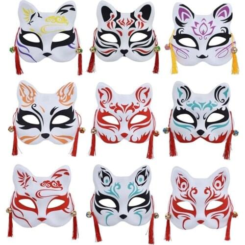 Anime Japanese Hand Painted Fox Mask Half Face Pvc Fox Mask Masquerade Festival Kitsune Cosplay Costume Masks with Tassel Bells