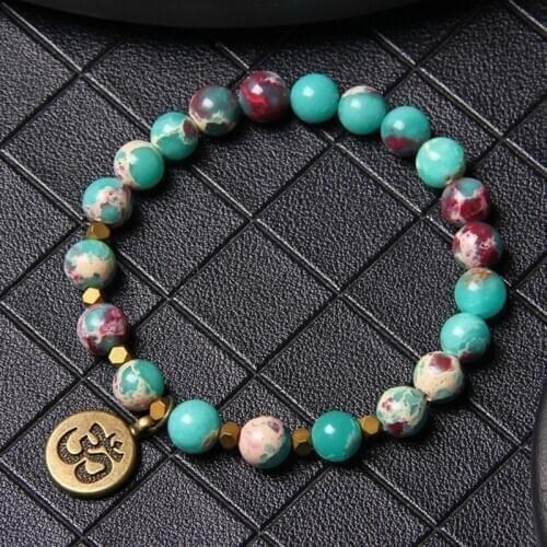 Natural Round Stone Beads Bracelet Turquoises Picture Stones For Women Men Yoga Om Tag Charm Pendant Bracelets Jewelry Male Gift