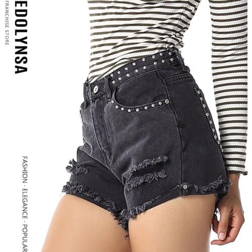 Black High Waist Loose Jeans Womens Summer New Popular Rivet Shorts Ladies Hole Pockets Jeans Shorts Woman Denim Shorts Y133