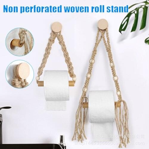 Roll Paper Holder Hemps Rope Woven Retro Punch Free Toilet Paper Bathroom Towel Rack GQ