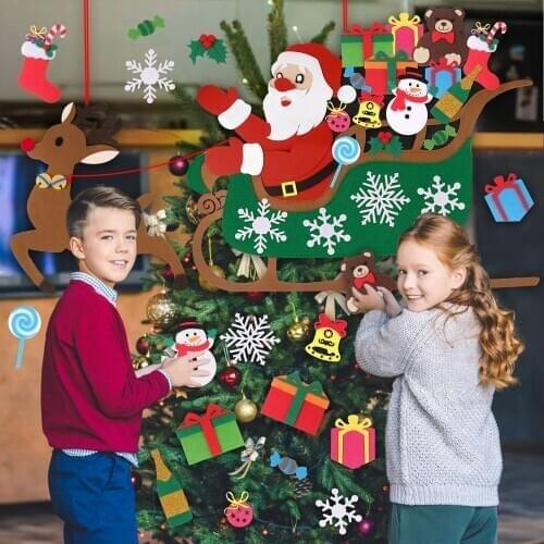Behogar Christmas Decorations Kids DIY Felt Santa Claus on Reindeer Sleigh Ornaments with Banner for Xmas Party Gifts Supplies