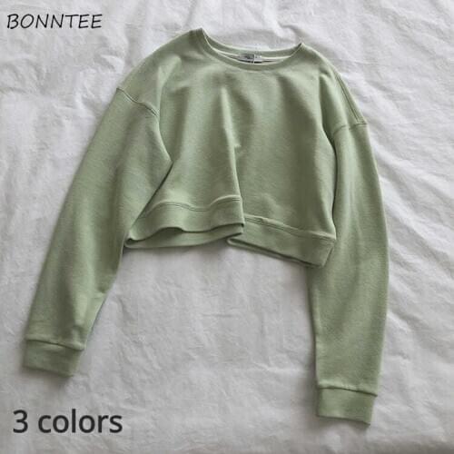 Cropped Hoodies Women Solid Minimalist Loose O-Neck Autumn All-match Ladies Sweatshirts Long Sleeve Stylish Daily Korean Version