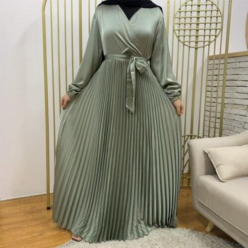 Eid Satin Hijab Dress Abaya for Women Fashion Surplice Neckline Long Sleeve Belt Pleated Dresses Muslim Islamic Dubai Turkey