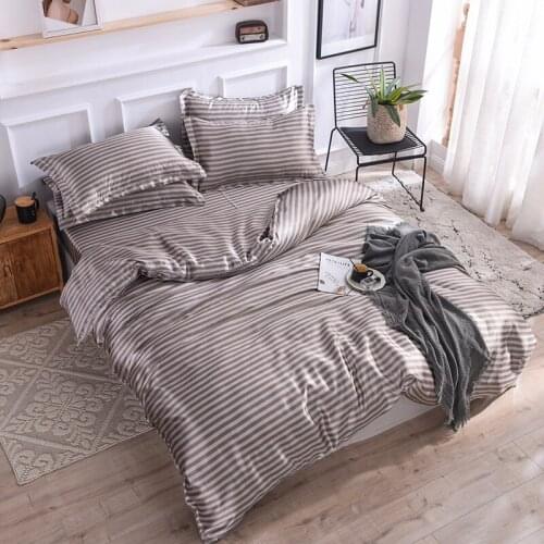 Coffee Striped Satin Silk Bedding Set Duvet Cover Set with Bed Sheet Pillowcase Home Textile Ice Silk Bedclothes Bedroom Decor