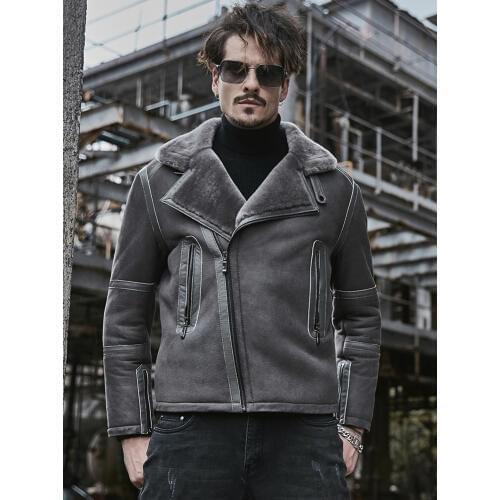 2019 New Mens Gray B3 Shearling Jacket Sheepskin Coat Short Mens Leather Leather Winter Fur Coat Motorcycle Coat