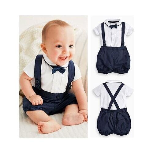 New Baby Boy Toddler Clothing Sets Gentalman T shirt Tops Bib Pants Overalls Bow Tie 3PCS Outfit Outwear Blue 12 18 24 Month