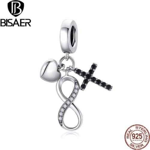 BISAER Infinity Symbol Pendant 100% 925 Sterling Silver Infinity Love Charm Beads Fit DIY Making Bracelet Jewelry ECC1713