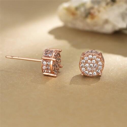 Luxury Crystal Round Stud Earrings Minimalist White Zircon Full Stone Earrings Rose Gold Silver Color Wedding Earrings For Women