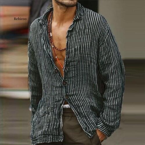 Spring Casual Long Sleeve Striped Shirts Men Fashion Loose Turn-Down Collar Button Tops Cotton Linen Shirt Male Streetwear