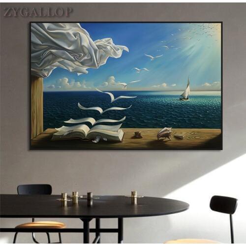 Salvador Dali Oil Painting The Waves Book Sailboat Wall Paintings On Canvas Posters and Prints Wall Art Pictures Home Decoration