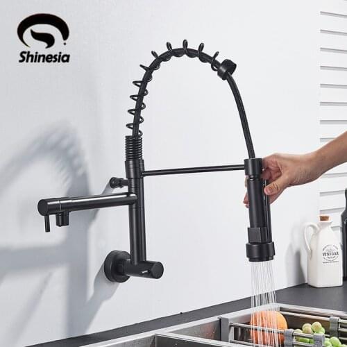 New Chrome Polish Pull Down Spring Kitchen Faucet Swivel Dual Spout Vessel Kitchen Sink Mixer Tap Single Cold Mixer Wall Mounted