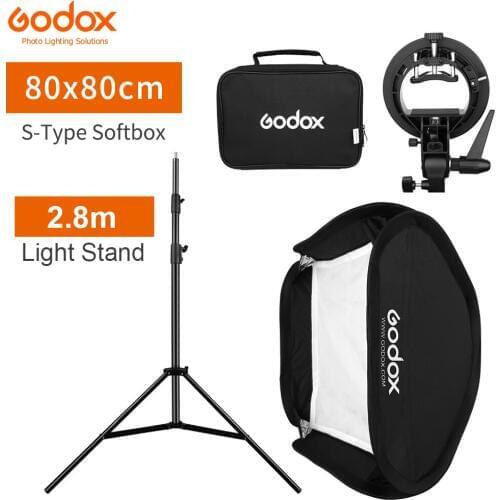 Godox 80x80cm 31x31inch Flash Speedlite Softbox + S type Bracket Bowens Mount with 2.8m Light Stand for Camera Photography