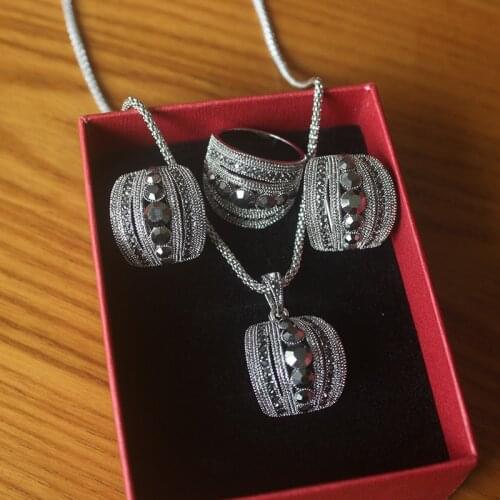 Vintage Black Zircon Jewelry Sets Black Earrings Necklace Set Parure Bijoux Femme Dress Accessories