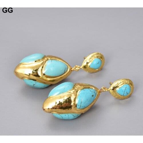 GuaiGuai Jewelry 17x33MM Blue Turquoise Gems Stone Yellow Gold Plated Earrings
