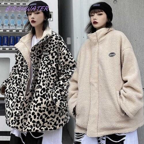 Women Leopard Print Fleece Jackets Winter Motorcycle Faux Lamb Fur Coat 2021Teddy Fur Fleece Parkas Cropped Stripeed Jacket Tops