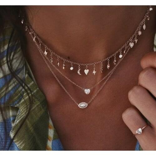 Fine 925 sterling silver bezel cz Moon and Star charm choker tassel chain elegant wedding gift women heart eye pendant necklaces