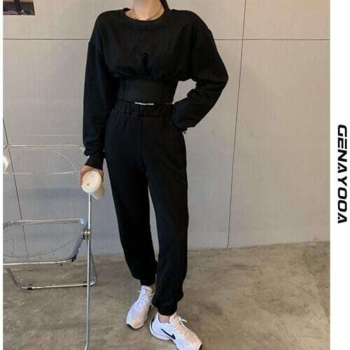 Genayooa Spring Autumn Streetwear Solid Two Piece Set Women Long Sleeve Tracksuit Women Two Piece Outfits Korean Fashion 2021