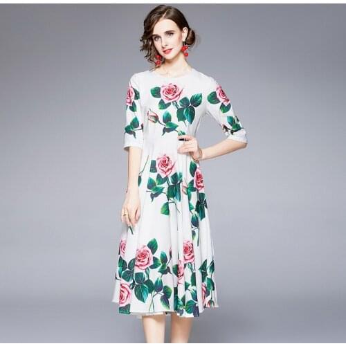 Elegant Summer Rose Dresses Women Short Sleeve O-Neck Vintage Flower Print Party Dress Female Holidays A-Line Midi Dress k9136