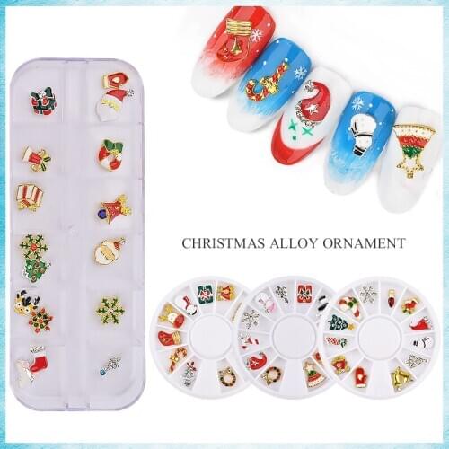 12 pcs/box Christmas DIY Nail Art Decorations Mixed Alloy Snowflakes Glove Bells Tree Winter 3D Manicure Festivals Ornaments