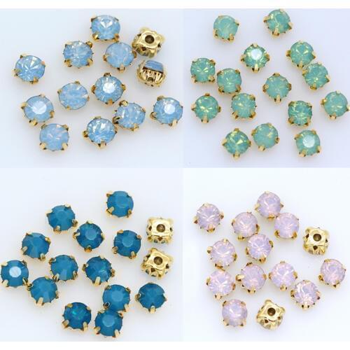 36pc 6mm Sew on Opal crystal Rhinestone Flatback Diamante Diy Decorative golden Cup Claw 4-holes Sewing Beads craft clothes