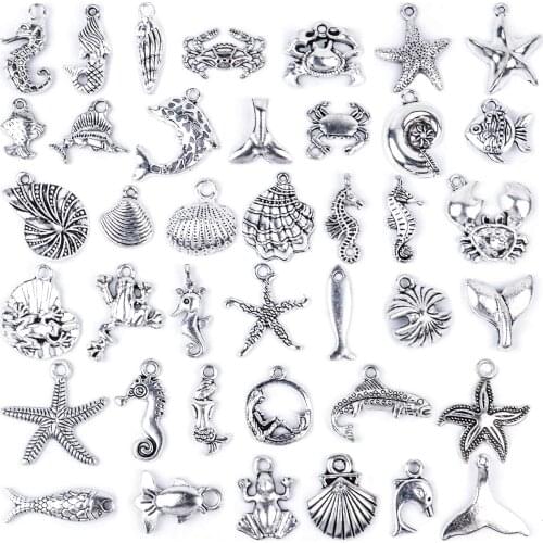 40pcs Tibetan Antique Silver Charms Ocean Sea Theme Animal Pendants for DIY Handmade Bracelets Necklaces(Mixed Sizes and Shapes)