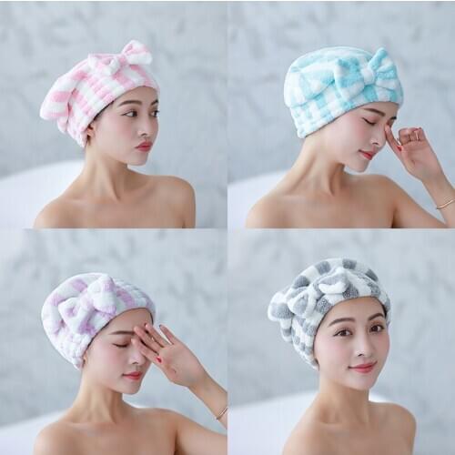 For Women Coral Velvet Shower Caps Dry Hair Towel Super Absorbent Bath Accessories with Bowknot Quick-drying Hair Cap 1Pcs