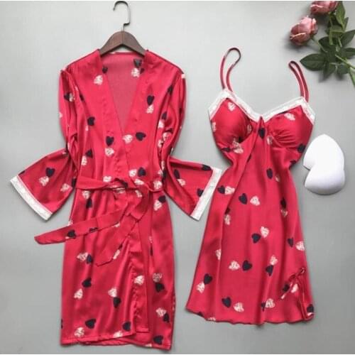 Women Print Sweetheart 2PCS Robe Set Lace Sexy Strap Top Nightdress Bathrobe Summer Lounge Home Dress Sleepshirt M-XL Night Gown