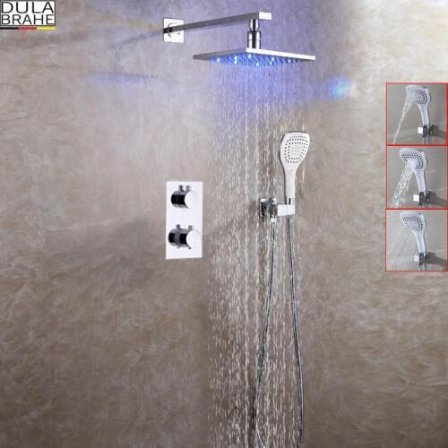 DULABRAHE Thermostatic Bathroom Shower Faucet Set Brass Bath Mixer Taps Conceal Rain Shower System Wall Mount LED Shower Head