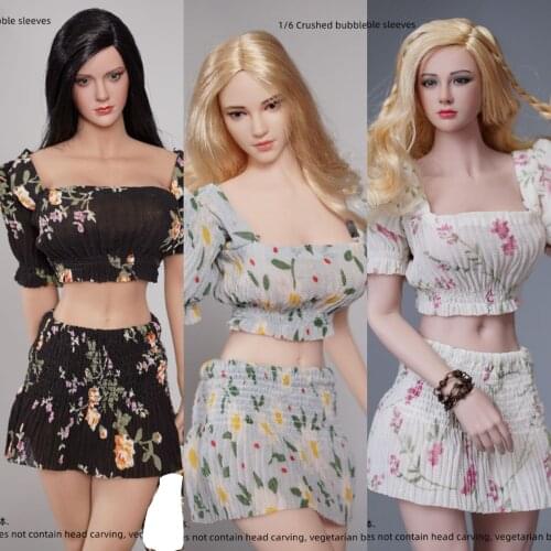 1/6 Female Soldier Floral Puff Sleeve Elastic Short Skirt Clothes Set Fit 12'' Action Figure Body