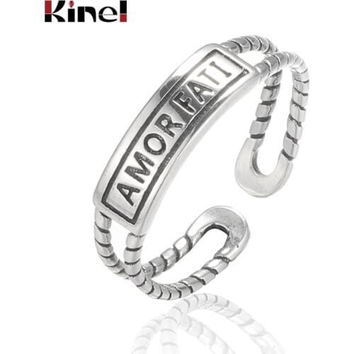 Kinel S925 Sterling Silver Jewelry Retro Personality Adjustable Temperament Ring Open Creative Couple Punk Shantou letter