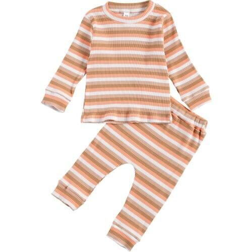 2Pcs Newborn Baby Girls Boys Striped Sets Long Sleeve O Neck Ribbed Tops Casual Pants Infant Toddler Autumn Outfits 0-3Y