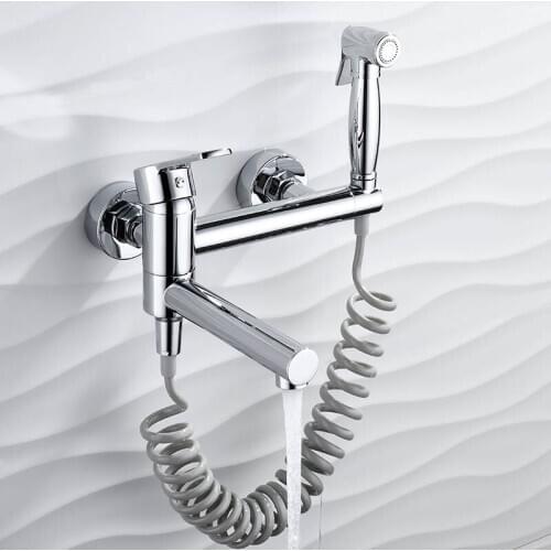 Chrom Brass Lengthened Bathtub Faucet Hot And Cold Shower Faucet Set Handheld Bidet Sprayer Kit Press Jet Wall Mounted