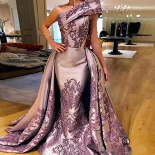 Fashion One Shoulder Evening Dresses Light Purple Satin Appliques Mermaid Prom Gowns Formal Girls Pageant Dress