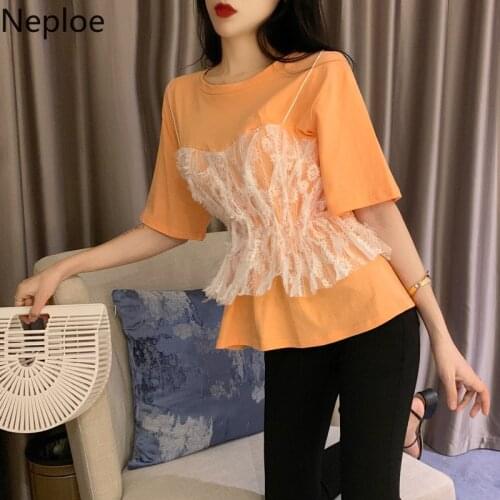 Neploe Lace Patchwork T Shirts Women Summer 2021 Korean O Neck Short Sleeve Female Tops Loose Casual Cotton Ladies Tees 1B406