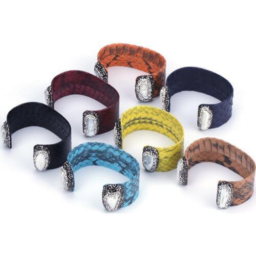 New Natural Freshwater Pearl Bead Charm Rhinestone Dark Red Blue Yellow Brown Green Real Leather Big Wide Open Bangle Cuff Women