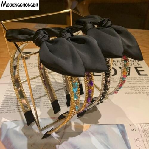 Retro Sweet Black Barrette Bow Headband For Woman Temperament Hairband Korean Color Stone Simple Bezel Haedwear Hair Accessories