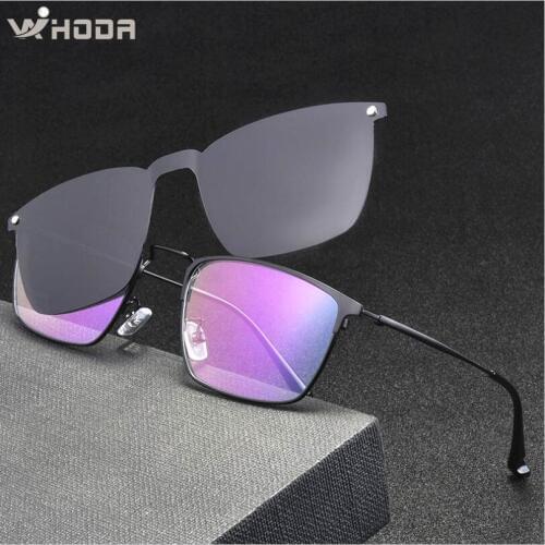 Titanium Alloy Mens Business Myopia Glasses Frames, Integrated Magnetic Clips Polarized Sunglasses, Metal Prescription Eyewear